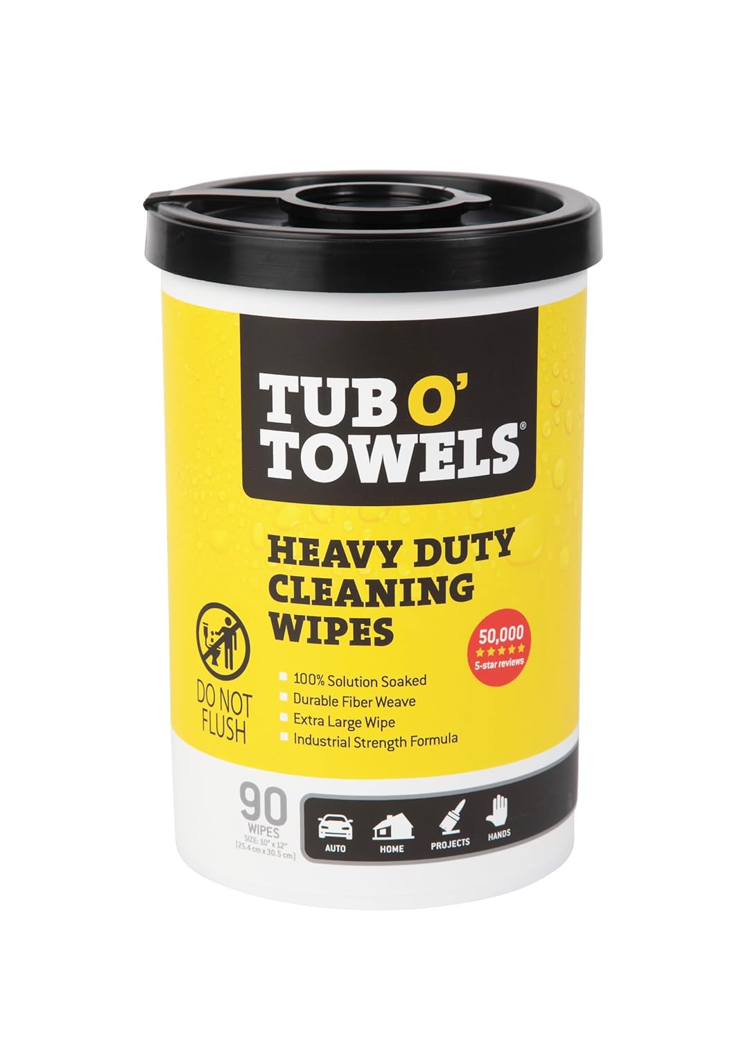 Tub O' Towels TW90 Heavy-Duty 10" x 12" Size Multi-Surface Cleaning Wipes, (10" x 12" wipes) Per Canister, Pack of 1, 90 Count Total