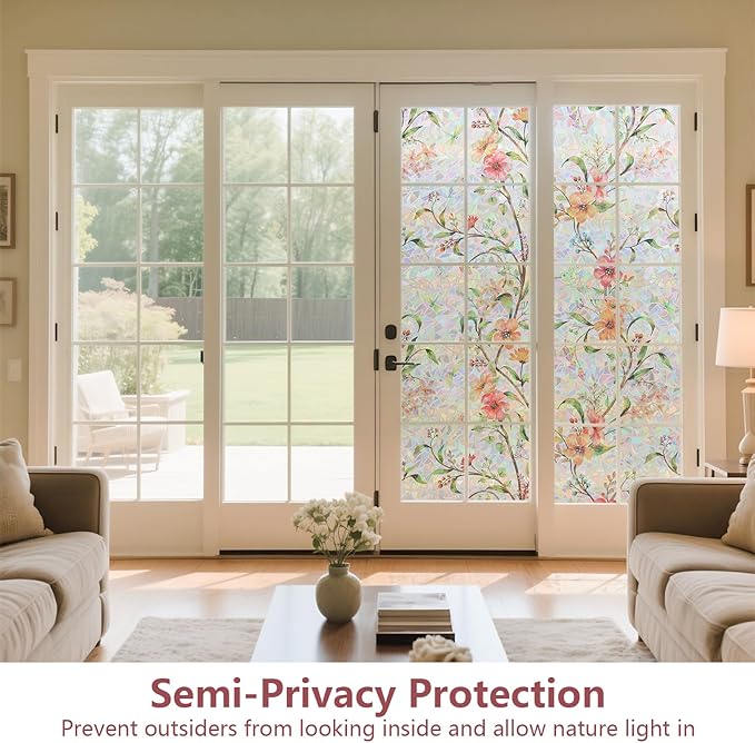 NINETREX Window Privacy Film,Stained Glass Window Film,Rainbow Decorative Stickers Static Cling Anti UV Heat Control for Home Decor (Galsang Flower,17.5 x 78.7inch)