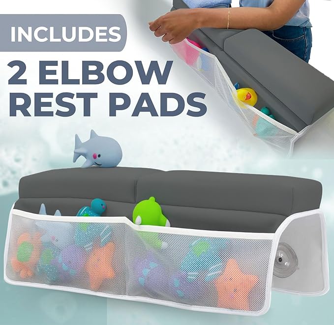 Comfortable Baby Bath Kneeler and Elbow Rest Pad Set – Thick Memory Foam Bath Kneeling Pad with Elbow Support – Baby Bathtub Cushion with Toy Organizer for Bathing Infant or Toddler - Dark Grey