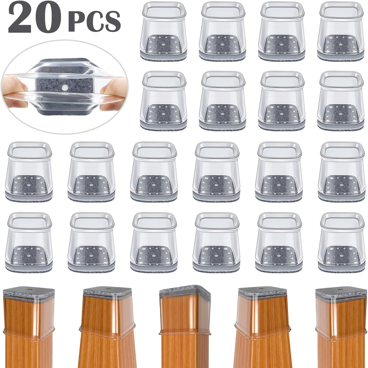BUMACO Chair Leg Floor Protectors Square Chair Leg Protectors for Hardwood Floors Silicone Pads Covers to Protect Floors Clear-20 Pcs Square L (1-1/16" to 1-5/8")