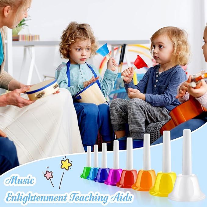 Fabbay 24 Pcs 8 Note Hand Bells Set Musical Handbells for Kids Colorful Diatonic Metal Bells Toy Percussion for Kids Toddlers Children Musical Teaching Church Chorus Wedding Family Birthday Party