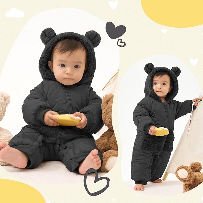 JiAmy Baby Snowsuit Newborn Winter Clothes Coat Romper Windproof Fleece Hat Zipper Baby Bear Outfit