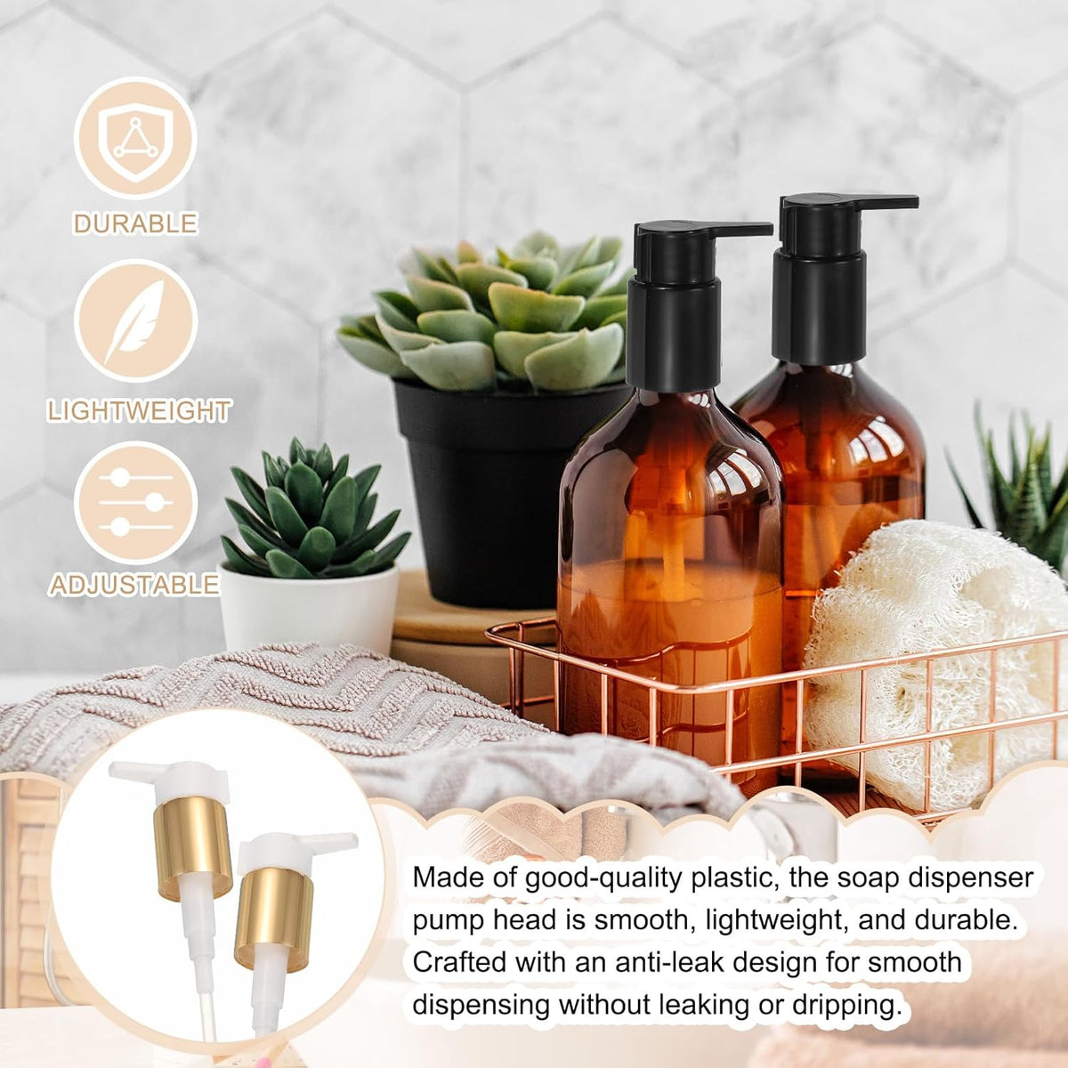 uxcell 2 Pcs Soap Dispenser Pump Heads, Hand Soap Dispensers Top Pumps Replacement Clip-on Pumphead for Standard 24/410 Neck Size Bathroom Lotion Shampoo Bottle, Gold White