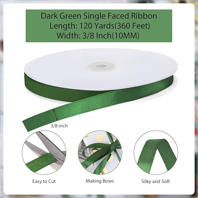 Dark Green Ribbon 120 Yards 3/8 Inch Christmas Thin Craft Ribbon Forest Green Ribbons for Gift String Emerald Decor Xmas Decorations Bows Gift Wrapping Christmas Tree