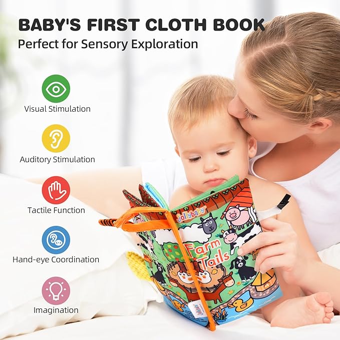 Jollybaby 2 PCS Sensory Touch and Feel Crinkle Books for Baby 0-6 Months, Jungle Farm Tails Montessori Car Set Toys for Tummy Time Newborn 6-12, Soft Fabric Cloth Books for Infant 1 Year Old Gift