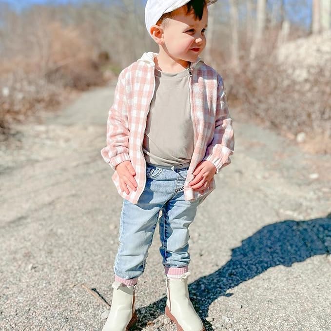 Douhoow Toddler Baby Plaid Jacket Baby Boy GIrl Flannel Hoodies Zip Up Hooded Fall Winter Outerwear Coat