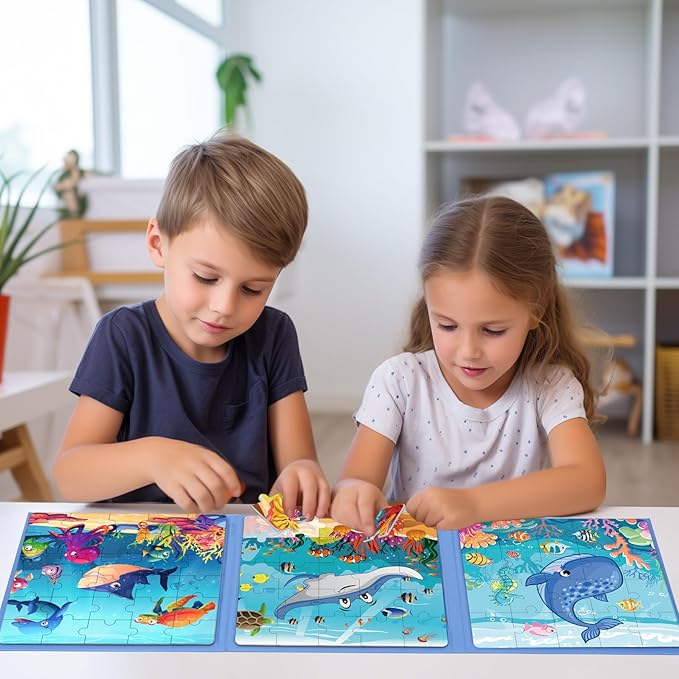Magnetic Puzzles for Toddlers 3-5 , 75-Pieces Travel Toys , Sea Puzzles Ages 4-6, Educational Learning Magnets, Road Car Trip & Airplane Activities Toys for 3 4 5 6 7 Girls Boys Gift