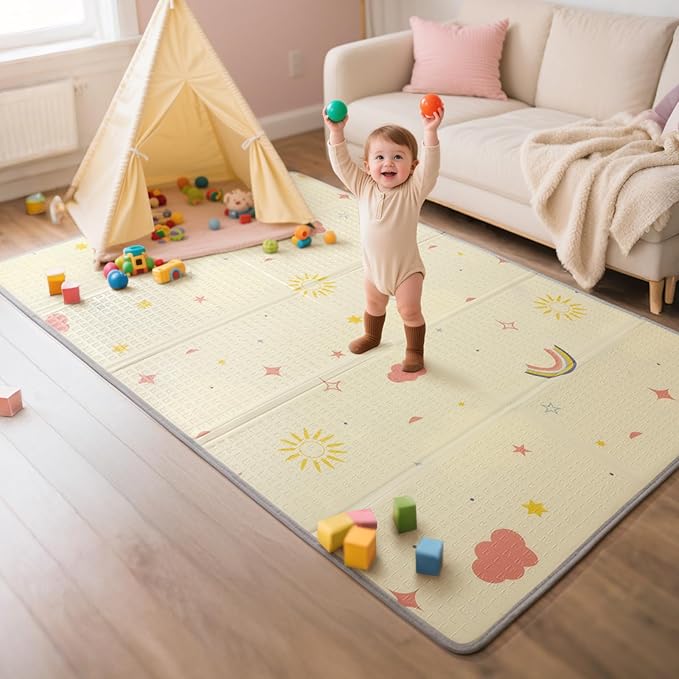 Extra Large Foldable Play Mat, Reversible Baby Play Mat with Edge Reinforcement, Non-Toxic & Waterproof Baby Mat for Floor, Foam Playmat for Infants Toddlers, Rainbow, Cloud & Moon, 47''x71''