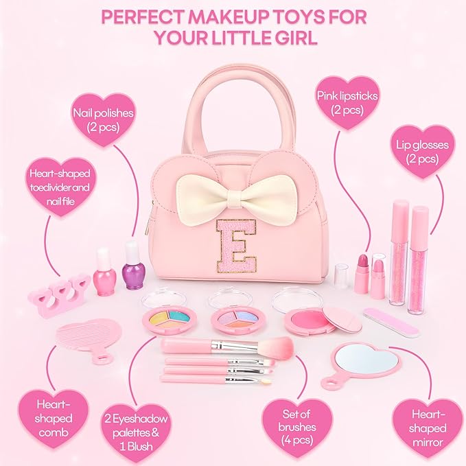 Kids Real Makeup Kit for Girls - 18Pcs Non-Toxic Washable Make Up Toys with Initial Toddler Purse - Personalized Birthday Gifts for Age 3 4 5 6 7 8 9 10 Years Old Girls Vanity Set - E