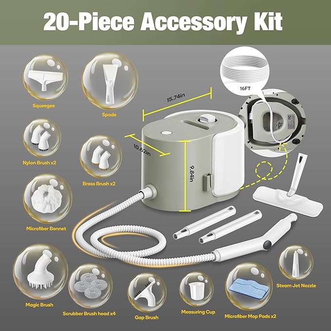 Newbealer Heavy-Duty Steam Cleaner for Home, Stainless Steel Boiler, Steam Mop with 20-Piece Accessories, Max 5 Bar, Multi-Purpose Steamer for Floors, Cars, Furniture, Upholstery, and More
