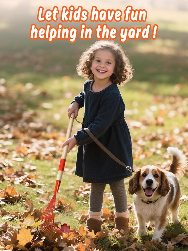 Kids Friendly Rakes for Leaves - 28" Child Size Small Rake with Durable Metal Head & Hardwood Handle, Real Lawn Garden Yard Tools for 3+ Years Kids Enjoy Helping Work Gifts (Red)