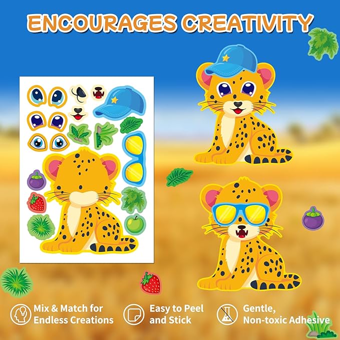 Aowplc 48 Make A Safari Animal Sticker Sheets - Jungle & Zoo Party Favors Supplies - Fun Craft Activities for Kids Ages 3+
