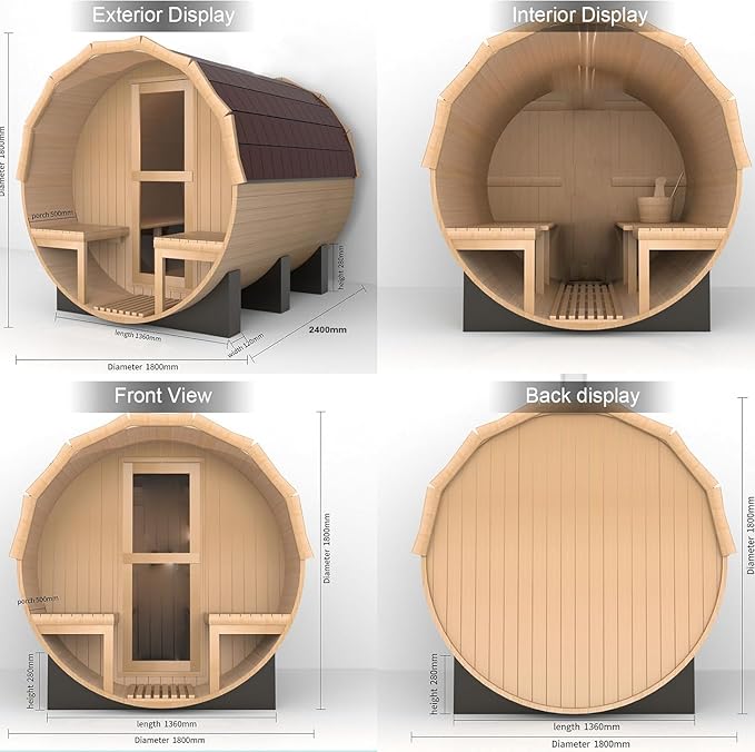 Outdoor Barrel Sauna, 6 Person Wood Steam Saunas Room with Porch, 6kw Toule Electric Heater with Sauna Stone, Canadian Helmock, Roof, 94.48”*70.86“*70.86“ (Helmock)
