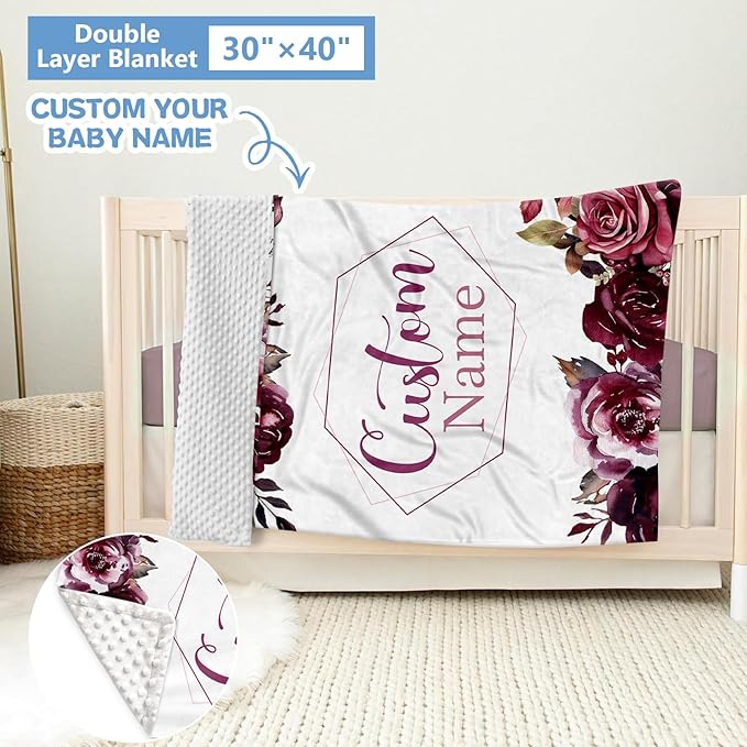 Personalized Crib Bedding Set for Girls, 5 Pcs Nursery Bedding Crib Sets, Soft Custom Flowers Baby Crib Set with Name, Double Layer Baby Bedding Set Customized Gifts for Infants Toddlers Kids