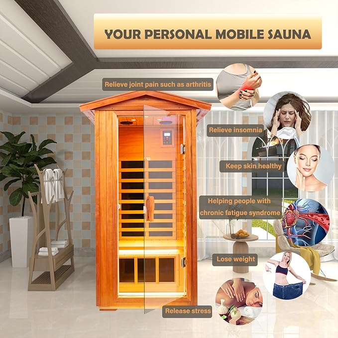 Mahogany Outdoor Sauna, 1 Person Far Infrared Sauna for Home, 1560W, with Bluetooth, LED Reading Lamp, Chromotherapy Lamp, for Indoor and Outdoor Wooden Sauna