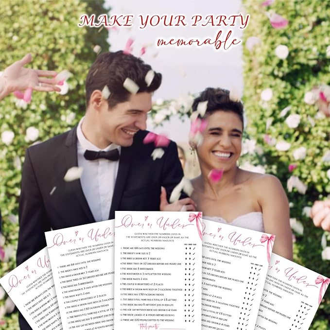 Bridal Shower Games Cards, Guess Over or Under, Bridal Shower Games 25 Guests, Engagement Party Wedding Games for Guests, Pink Ribbon Bow Wedding Party Supplies - E13