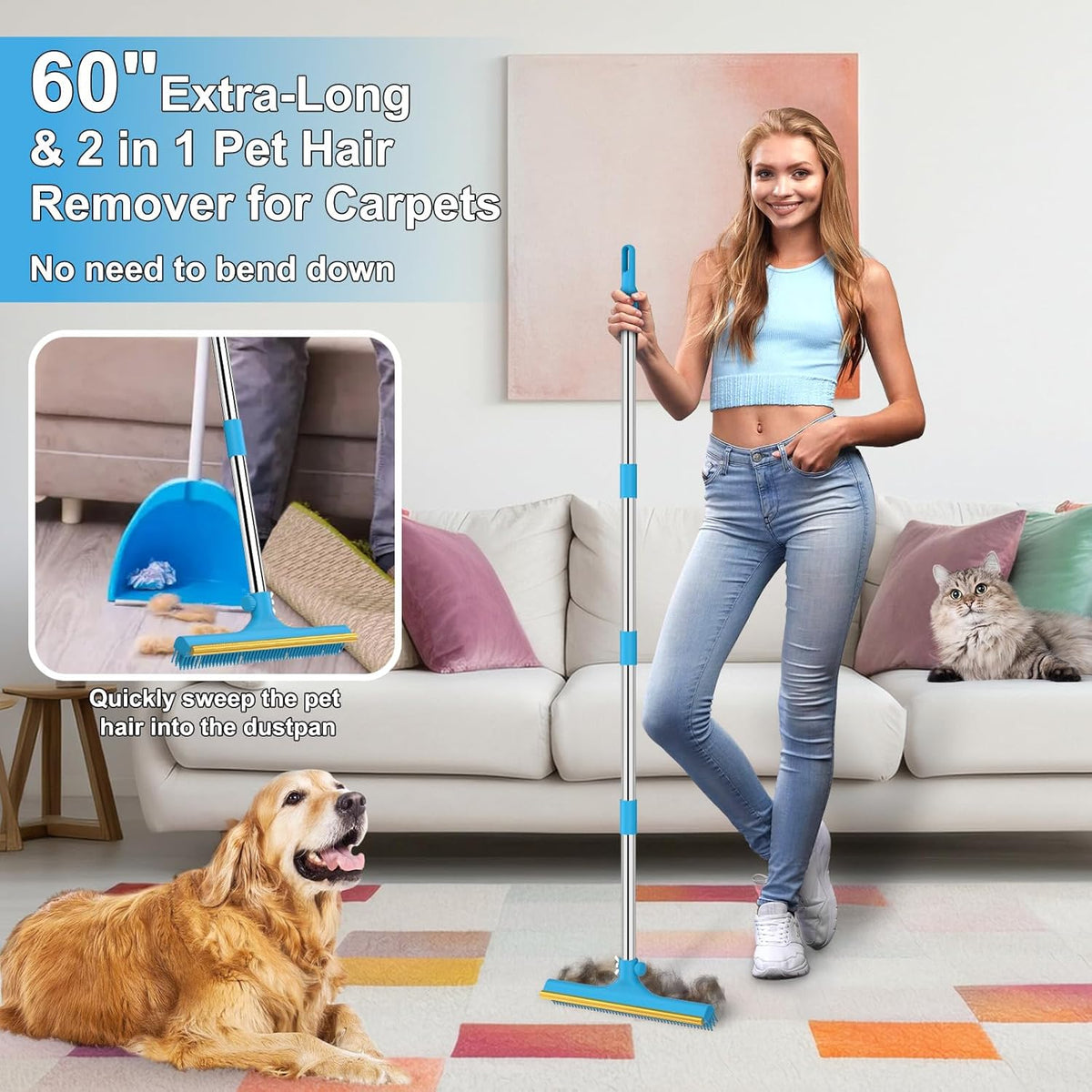 3 in 1 Carpet Rake for Pet Hair Removal, Reusable Pet Hair Remover Broom, 60'' Adjustable Long Handle Dog and Cat Hair Remover Tool Set of 3, Lint Remover Scraper for Carpets, Rugs, Mats, Couch, Car