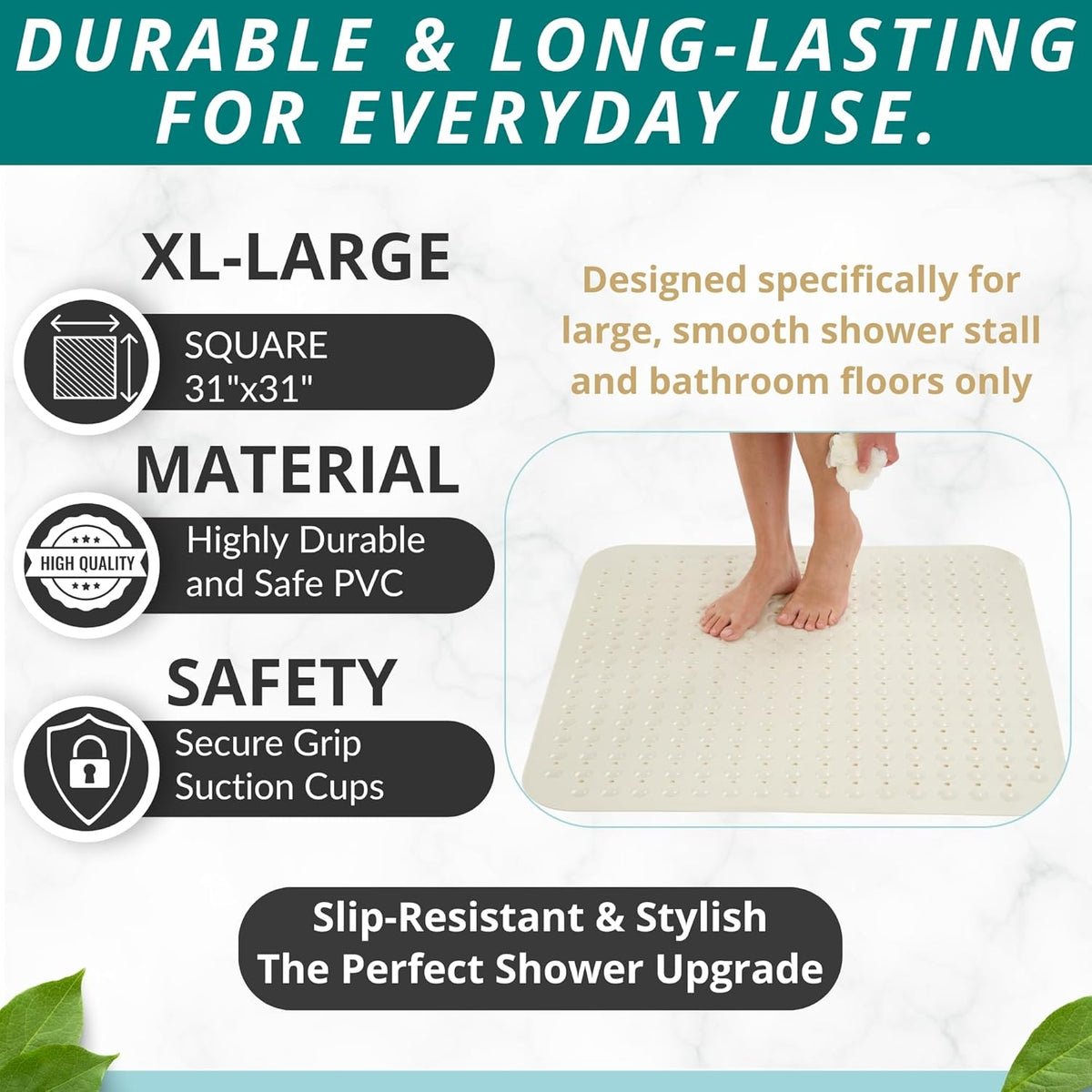 ENKOSI Extra Large Square Non Slip Shower Mat - 31 x 31-inch XL Bathroom Shower Mat - Square Shower Matts for Shower Stall Floors | Secure Suction Cups and Drain Holes (31x31 Pearl White)