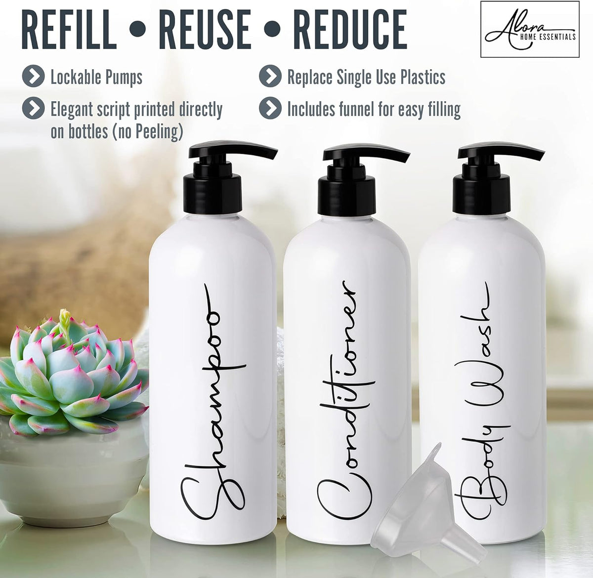 Alora 16oz Refillable Shampoo and Conditioner Dispenser Bottles - Set of 3 - Pump Bottle Dispenser for Shampoo, Conditioner, Body Wash - Empty Plastic Refillable Containers for Shower, Matte White