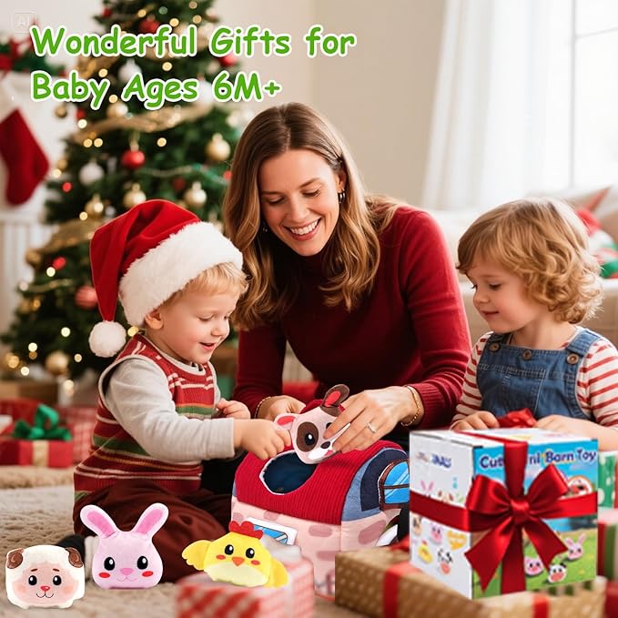 Baby Toys 6-12 Months, Soft Barn Toy with 6 Stuffed Farm Animals, Rattle, Crinkle, Mirror, Sensory Toys for Toddlers 1-3, 6 7 8 9 10 Month Old Baby Toys, Montessori Toys Gift for 1 Year Old Boy Girl