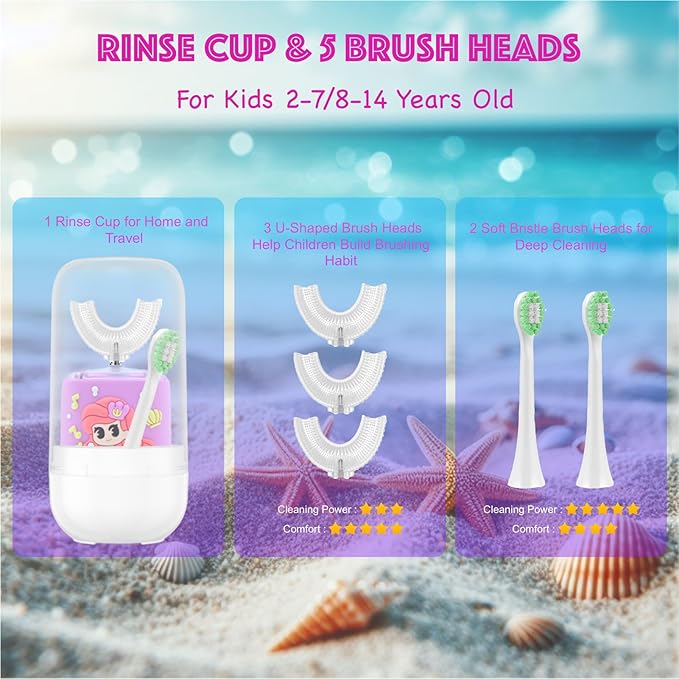 Kids Electric Toothbrush, U Shaped Toothbrush Kids Sonic Automatic Brush with Cup 5 Brush Head 6 Clean Modes IPX7 Waterproof Mermaid Design Rechargeable Smart Timer for Children 8-14