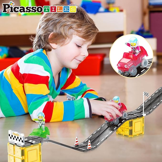 PicassoTiles Magnet Tile Race Car Track Construction Building Block Toy Kit with Character Action Figures and Racing Cars Magnetic Tiles STEM Educational Learning Pretend Play Blocks Kids Age 3+ PTR05