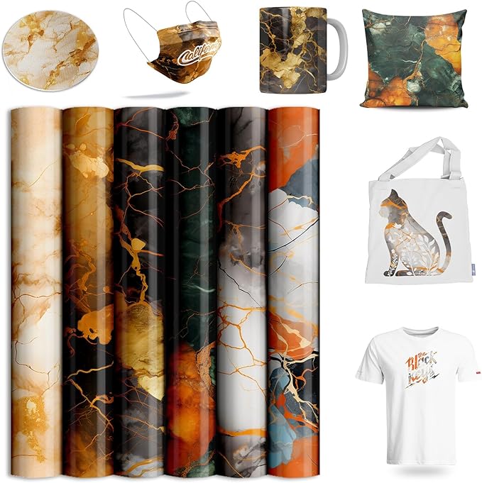 Sublimation Transfer Sheets for Heat Press Machine,Orange Gold Marble Sublimation Sheets for Tumblers Blanks Tshirts,6 Sheets 12x12inch