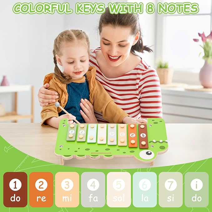 Baby Piano Xylophone Musical Toys - 2 in 1 Wooden Montessori Crocodile Toys for Toddler Kids, 8 Multicolored Key Keyboard Instruments, Preschool Educational Musical Learning Toy for Girls Boys
