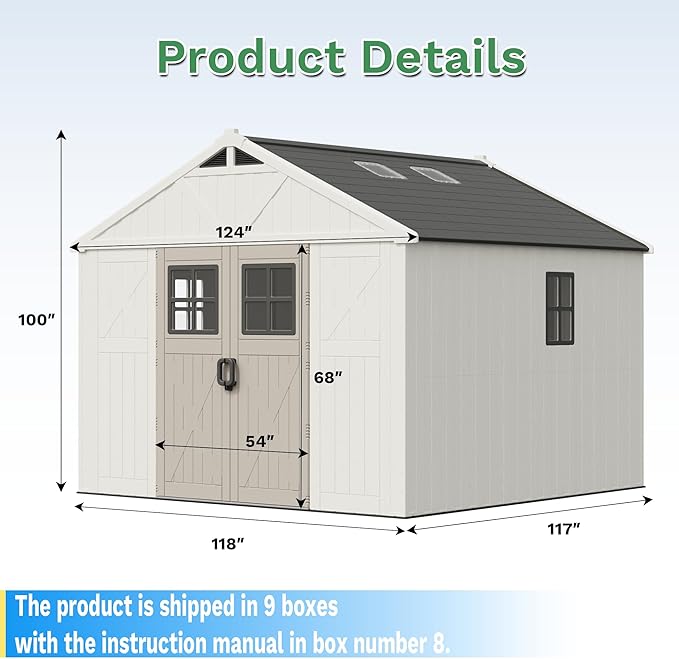 Greesum 10×10 FT Plastic Outdoor Storage Shed with Floor and Lockable Door, Resin Sheds with Windows and Skylights, Weather Resistant Organization for Garden, Lawn, Pool Supplies, Beige