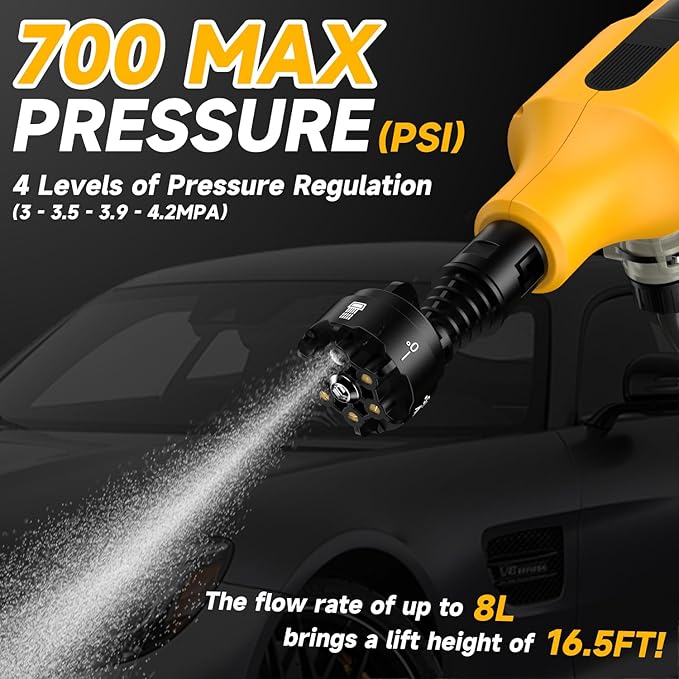 Cordless Pressure Washer for Dewalt 20V Battery 700 PSI Portable Handheld Power Washer with 6-in-1 Nozzle Foam Cannon for Car Floor Fence Wall Cleaning (Battery Not Included)
