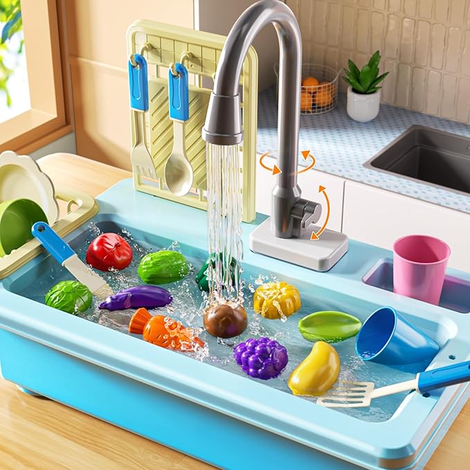 Play Sink with Running Water, Play Kitchen Toys Sink for Kids 3 4 5 6 7 Years Old, Electrical Dishwasher, Color Changing Kitchen Accessories, Dishes Games, Gifts for Toddlers 3-5