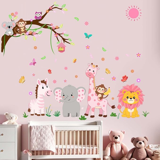 Animals Wall Decals for Girls Kids: Peel and Stick Elephant Giraffe Lion Monkey Wall Stickers - Baby Nursery Boys Room Girls Bedroom - Children Supplies Ages 1-12 Years Wall Decor Art