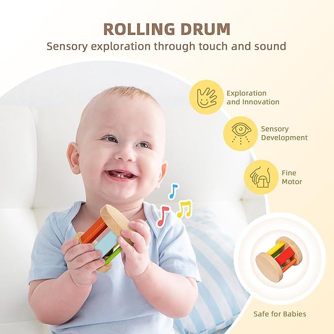 TOOKYLAND Montessori Toys for Babies 0-6 Months, 6 in 1 Learning Educational Set Newborn Toys Including Sensory Ball, Rain Stick, Baby Roller, Spinning Drum, Black and White Cards, Tissue Box