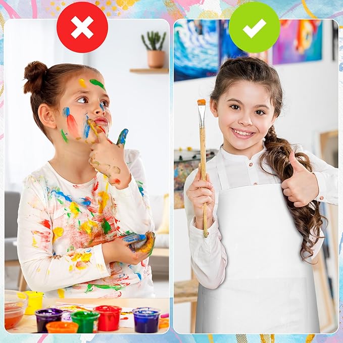PLULON 6 Pcs Kids Apron Adjustable White Chef Apron with 2 Pockets Painting Aprons for Kids Cooking Baking Crafts (White)