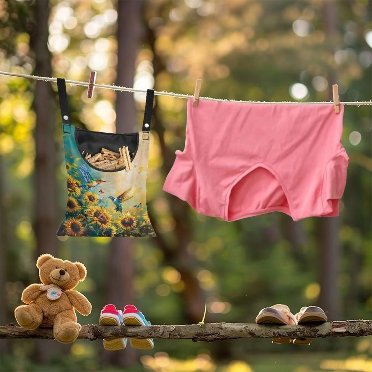 Clothes Pin Hanging Bag with Big Opening Storage Clothes Pins & Mini Clothespins，Hanging Laundry Bag Fits Retractable Clothes Line Outdoors（Hummingbird Sunflower）