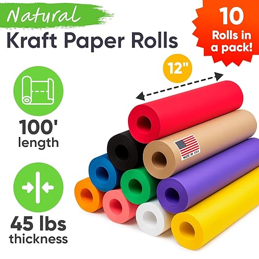 12" x 1200" (100 ft) Pack of 10 Rolls USA-Made Multi-Color Kraft Paper Rolls, 45 lbs/66 GSM – Colored Kraft Paper for Packing, Crafts, DIY Projects, Gift Wrapping – Non-toxic, Safe for Kids