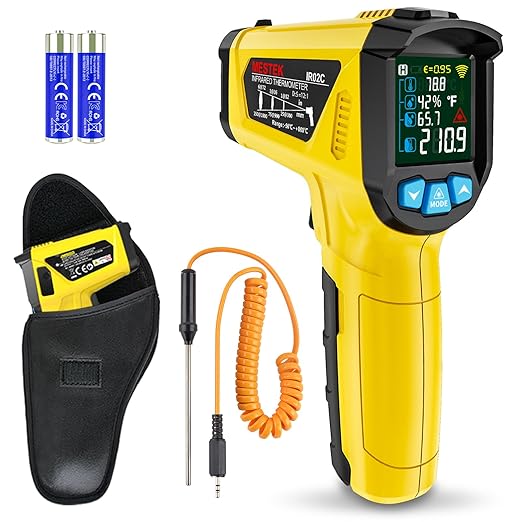 MESTEK Infrared Thermometer Laser Temperature Gun, -58°F to 1472°F (-50~800°C), Non-Contact Digital IR Thermometer Temp Gun Gun with Color LCD for Cooking Pizza Oven, Adjustable Emissivity