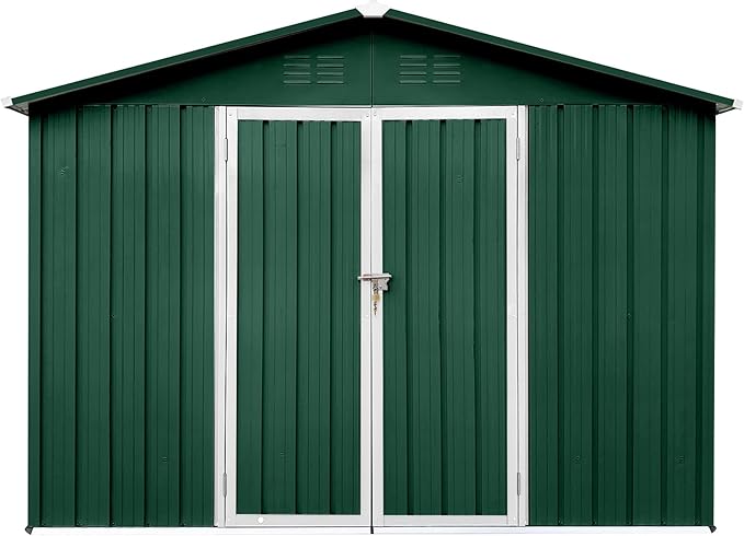 Sheds & Outdoor Storage 8 ft × 10 ft Storage Shed Large Classic Apex Roof Metal Garden Storage Sheds with Hinged Door Tool Cabinet for Backyard, Patio, Poolside, Green