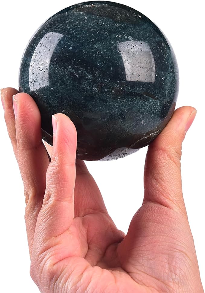 JIC Gem Natural Ocean Jasper Crystal Sphere with Wooden Stand Decorative Crystal Ball Healing Gemstone Sphere for Meditation,Feng Shui,Witch-Style Decor,Table 80-90mm