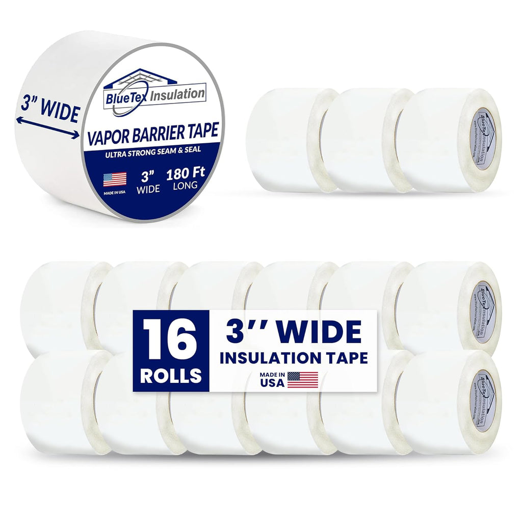 BlueTex Insulationㅤ3 Wide x 180' Long White Vapor Barrier Seam Tape - 16 Rolls Bulk Pack, Great for Crawlspaces, Waterproofing, Insulation Repairs, Underlayment Seams, Metal Building Insulation Seams