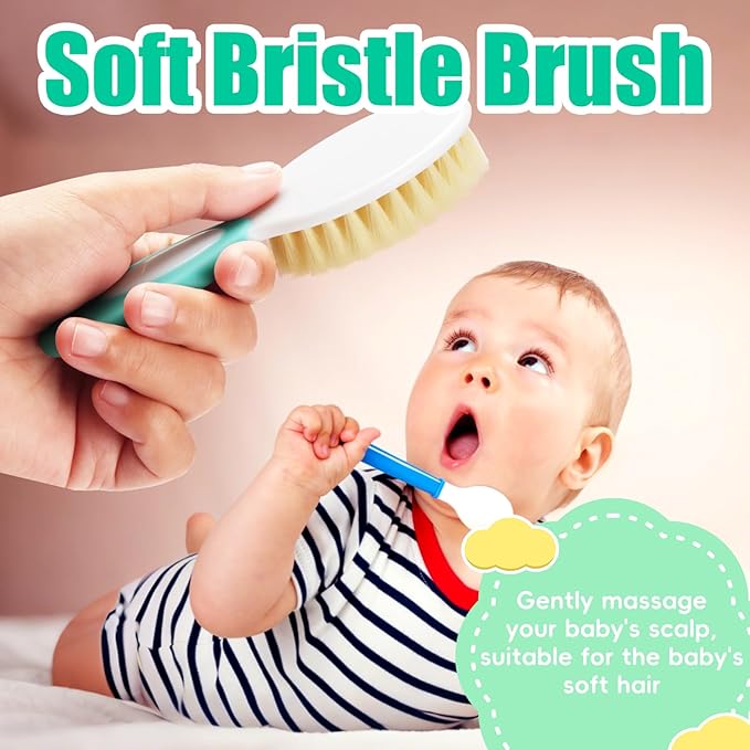 Baby Hair Brush and Comb Set, 4Pcs Baby Soft Bristles Hairbrush Cradle Cap Brush Hair Comb for Newborns Toddlers Boys Girls (Green)