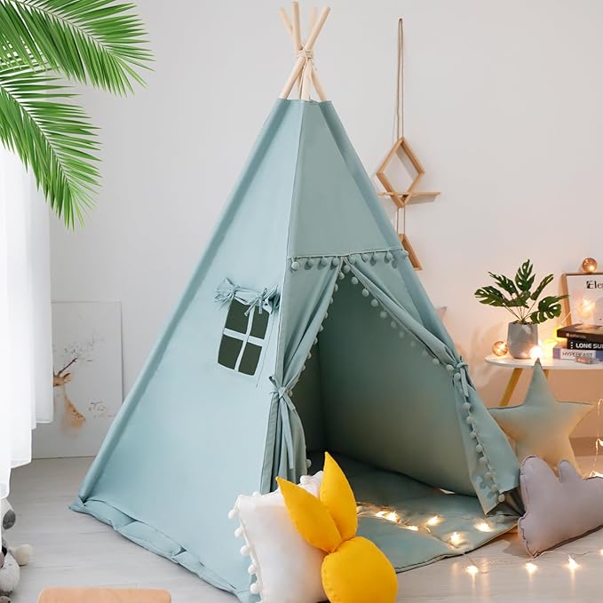 Teepee Tent for Kids with Mat, Star Lights, Carry Case, Cotton Canvas Playhouse, Foldable Tents, Portable Children Play Tent Indoor Outdoor (Jewelry Blue)