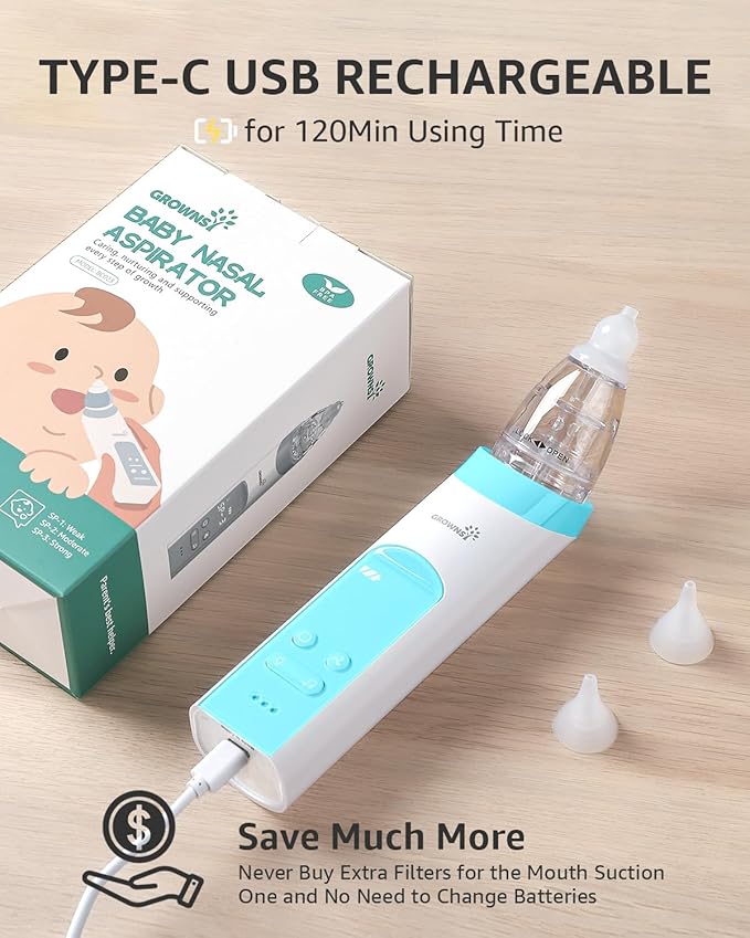 GROWNSY Nasal Aspirator for Baby with Protection Mode, Electric Nose Suction for Baby, Automatic Baby Nose Sucker with 3 Silicone Tips, Adjustable Suction Level, Music and Light Soothing Function