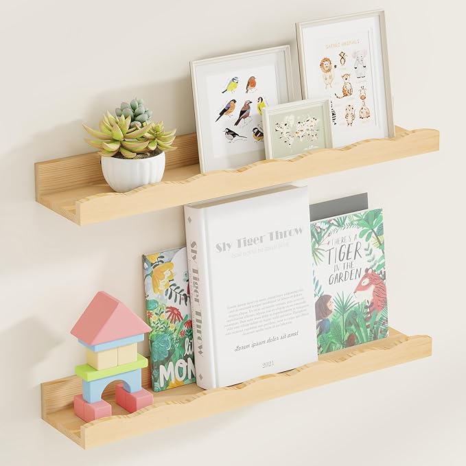 Fun Memories Picture Ledge Shelf for Wall, 24 inch Pine Wood Nursery Book Shelves Set of 2- Wall Book Shelves for Kids Room, Home Decor - Kitchen Spice-Natural.