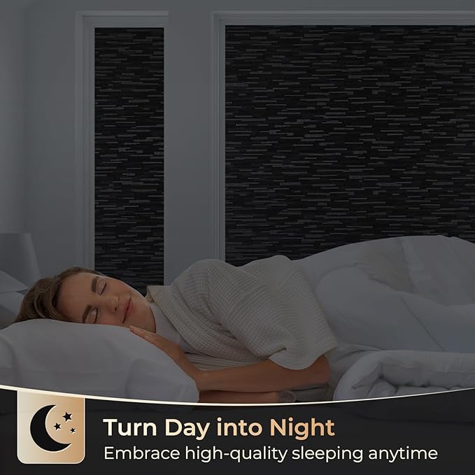 rabbitgoo Blackout Window Film, Sun Blocking Privacy Film for Room Darkening, Removable Black Out Vinyl Cover Tint for Home Day Sleep, Anti-UV Frosted Glass Clings, Black, 35.4 x 78.7 Inches