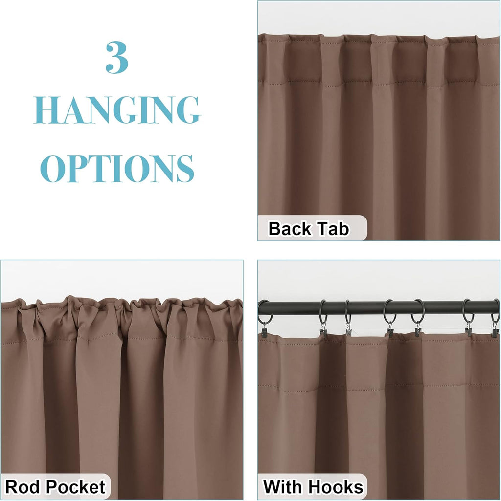 RYB HOME Blackout Curtains for Kitchen, Thermal Insulated Window Curtains and Drapes Back Tabs Room Darkening Shades for Studio Dorm Loft, Mocha, W42 x L63 inch, Set of 2 Panels