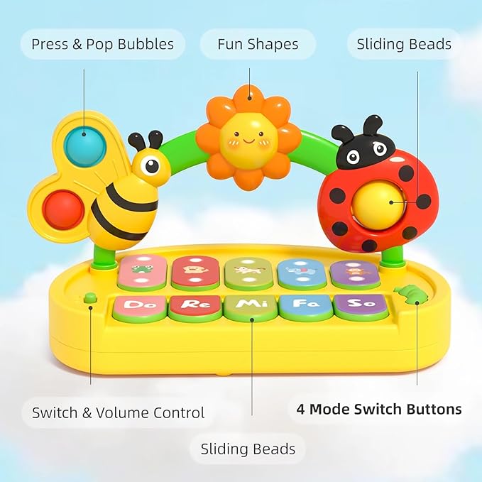 Baby Piano Toy for Kids 0-6-12-18 Months, Light Up Baby Keyboard Musical Toy with Press Pop Bubbles, 4 Modes Toddler Piano for Boys Girls Ages 1-3, Detachable & Portable Infant Toy Gift