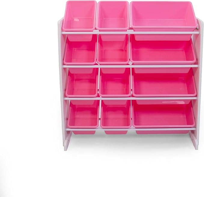 Humble Crew Kids Toy Storage Organizer with 12 Plastic Bins, White/Pink – Removable Bins for Playroom, Bedroom, Toddler Furniture for Boys and Girls Ages