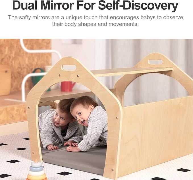 Wooden Playhouse for Toddlers w/Double Non-Shatter Safety Mirrors, Montessori Crawling Tunnel/Crawl-Through Play Set for Children and Kids, Daycare and Preschool Playroom(with Cushion)