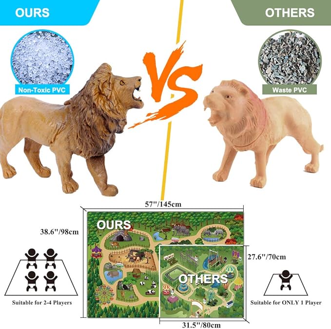 Mini Tudou 12 Pcs Safari Animals Figures Toys w/ 57x38.6’’ Large Activity Play Mat, Realistic Jumbo Jungle Wild Zoo Animals Figurines Playset w/Elephant, Giraffe, Lion for Kids Boys